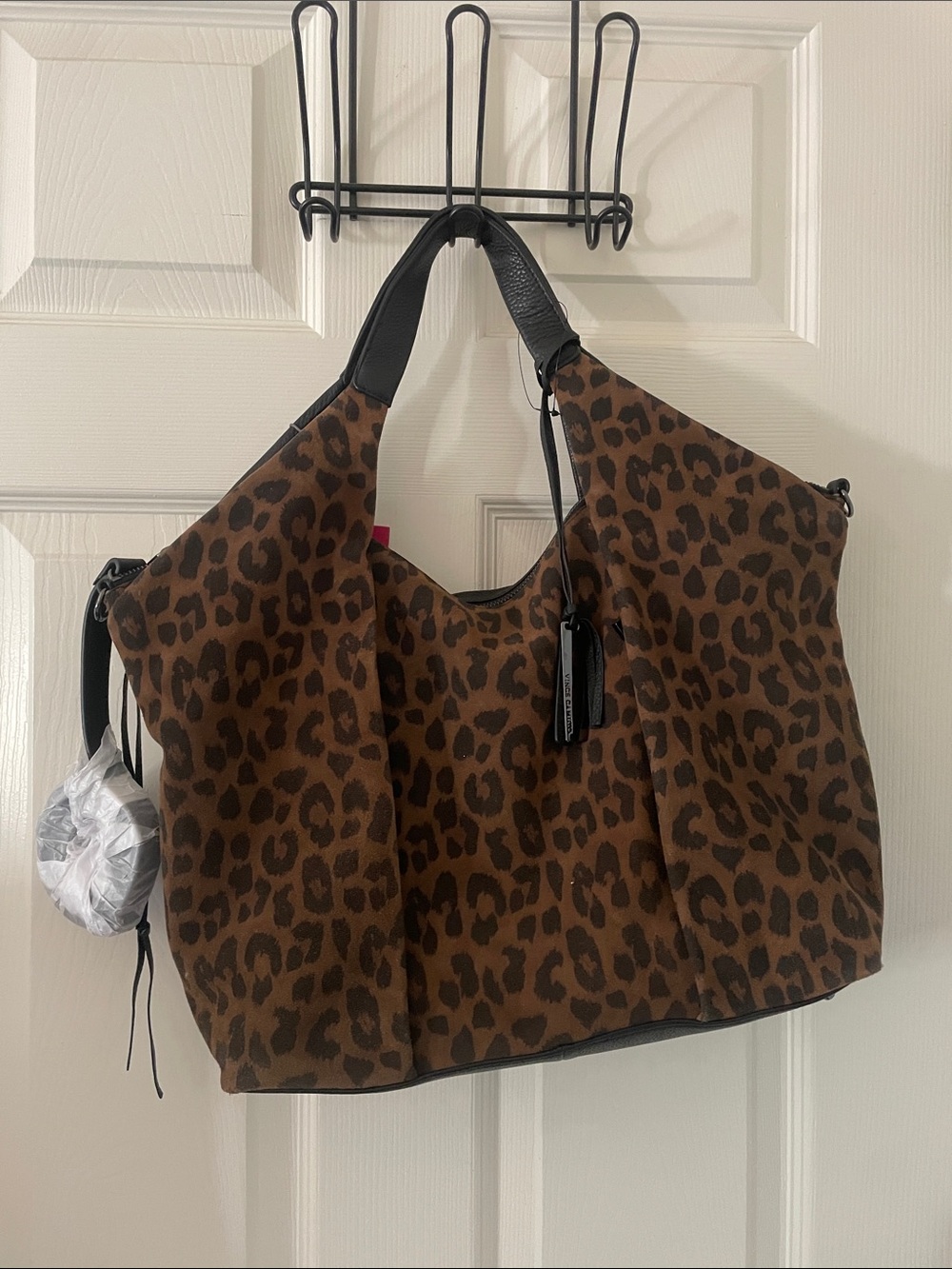 Vince Camuto Convertible Lamb Leather Pleated Tote Steph in Leopard/Black NWT